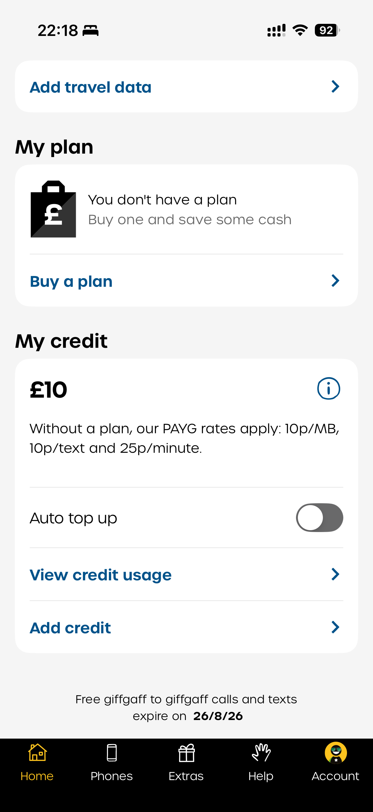 giffgaff App 中显示 10 英镑余额
