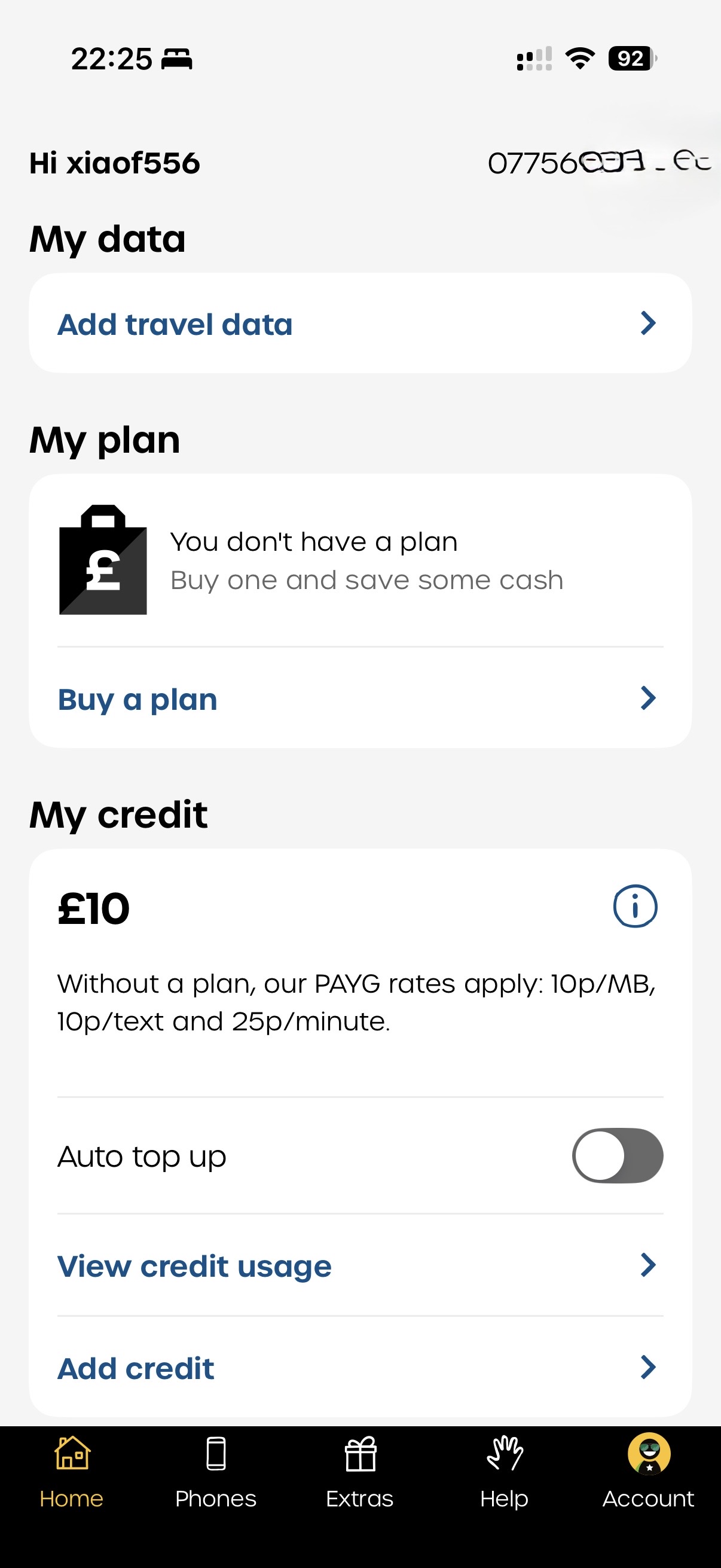 giffgaff App 账户页面显示号码和余额